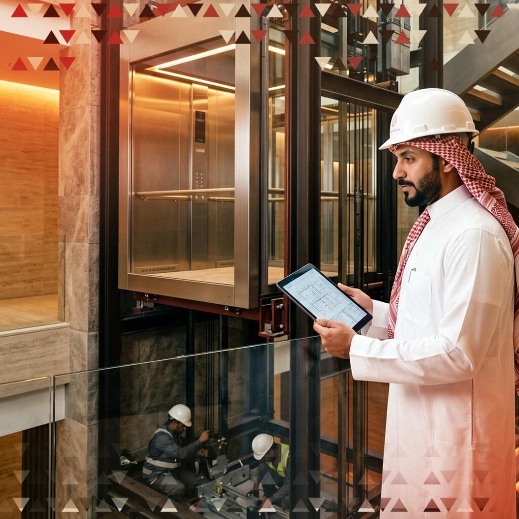 مهندس طويق يراجع مخططات بئر مصعد مع عميل